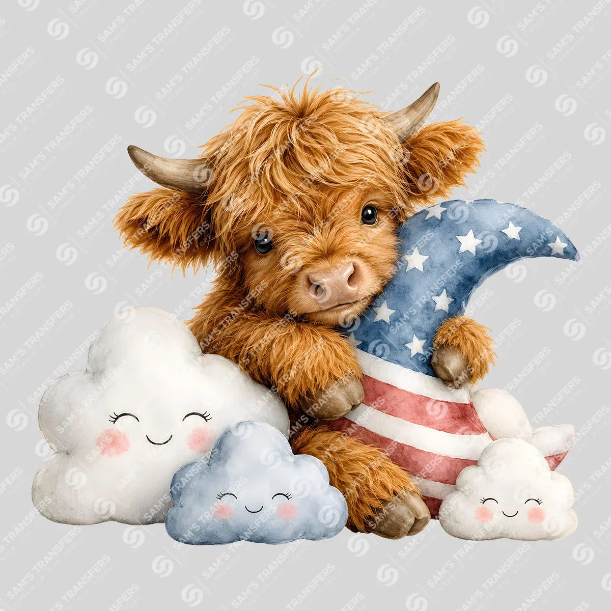 Apparel featuring a Patriotic Baby Highland Cow-themed DTF transfer.
