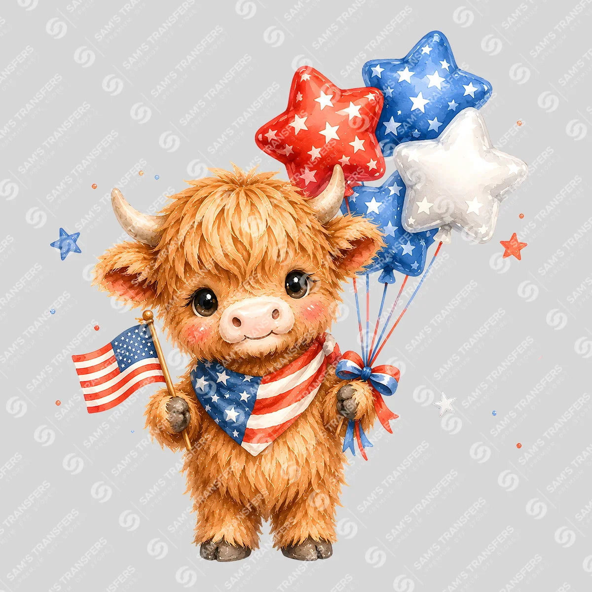 Apparel featuring a Patriotic Highland Cow Flag-themed DTF transfer.