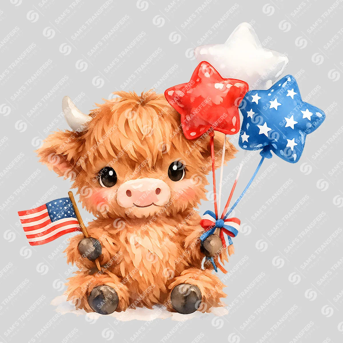 Apparel featuring a Fluffy Patriotic Highland Cow-themed DTF transfer.