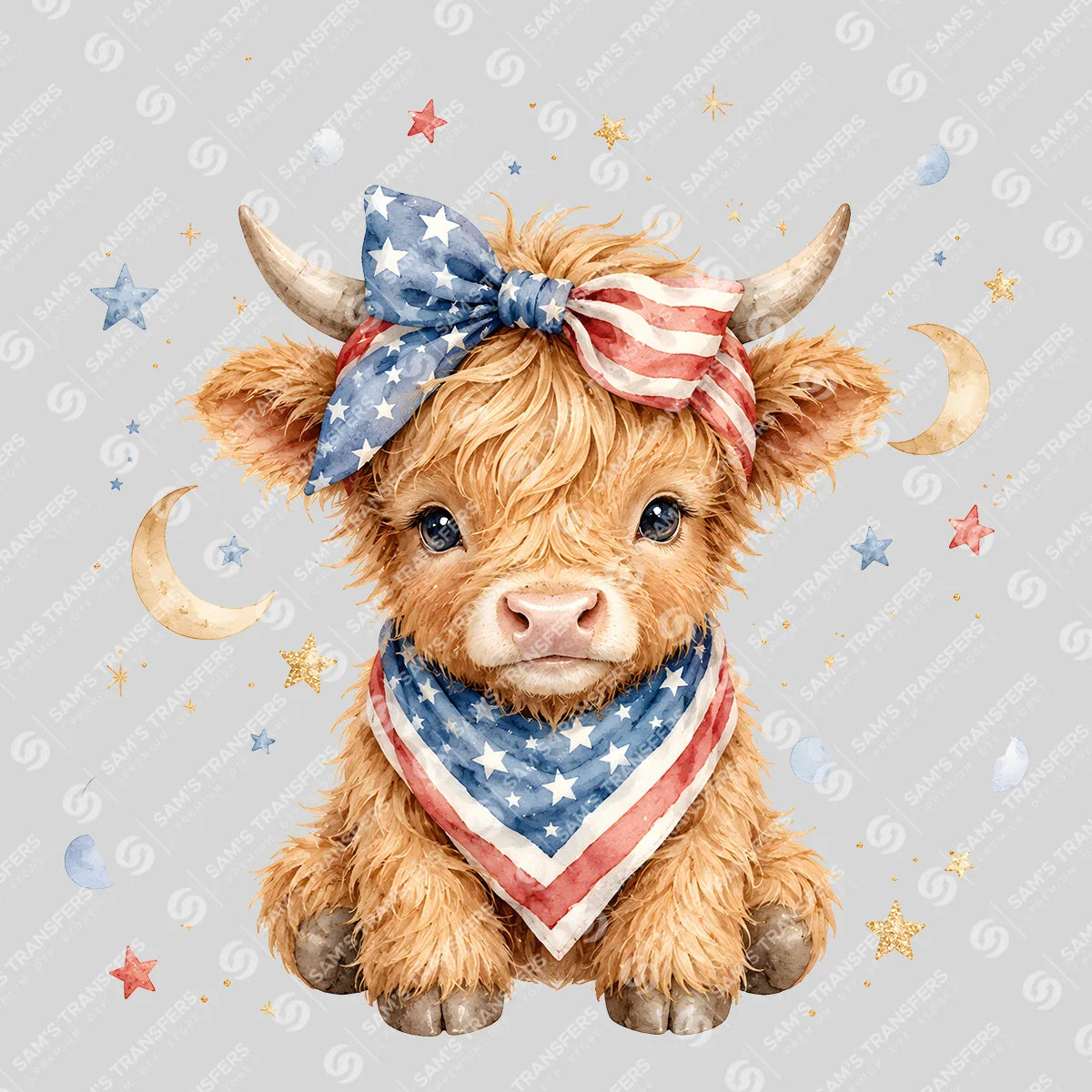 Apparel featuring a American Flag Highland Cow-themed DTF transfer.
