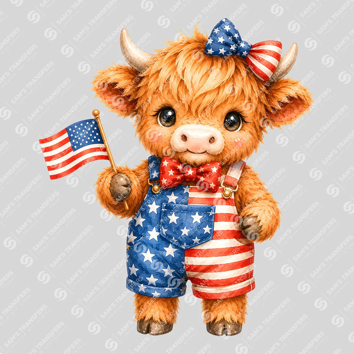 Apparel featuring a Patriotic Overalls Highland Cow-themed DTF transfer.