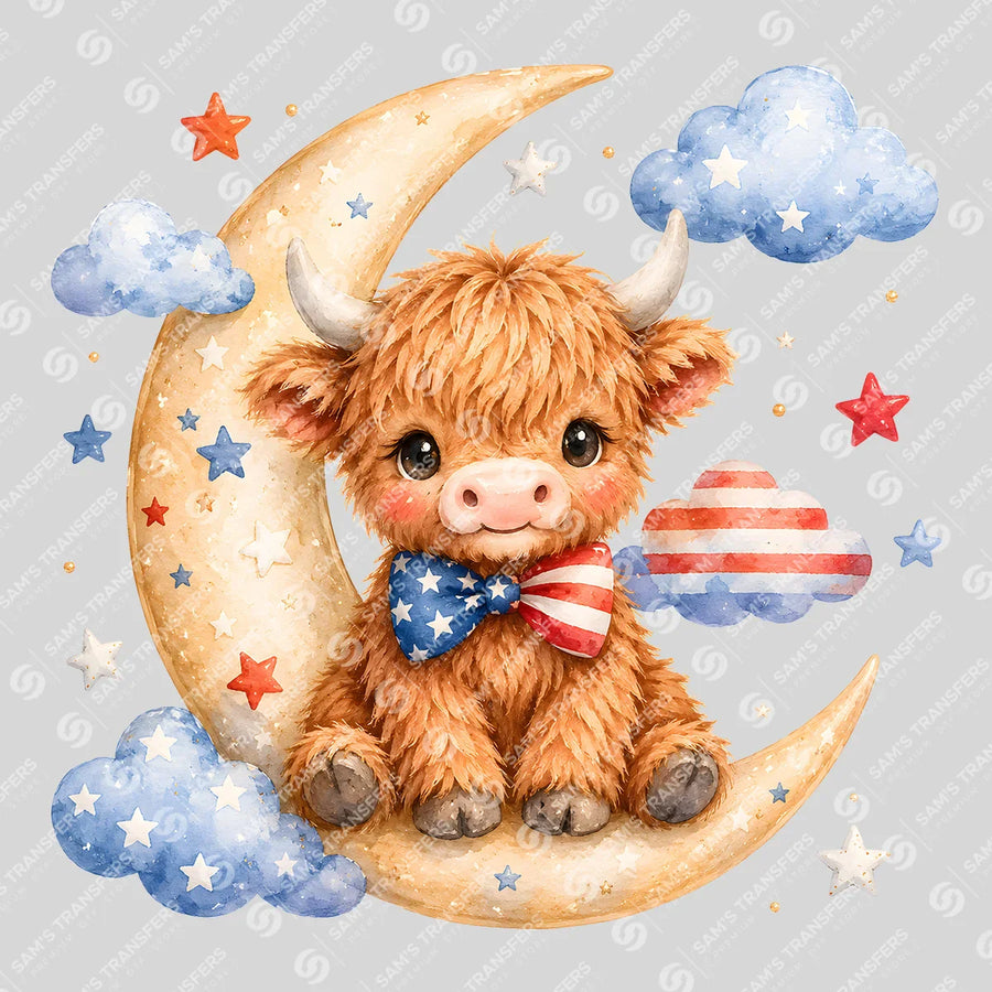Patriotic Moon Highland Cow Ready-to-Press DTF Transfer | SAT08272