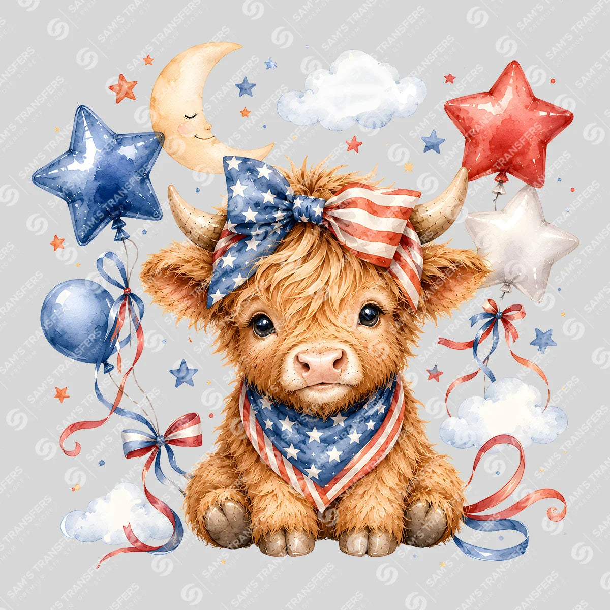 Apparel featuring a Patriotic Star Highland Cow-themed DTF transfer.