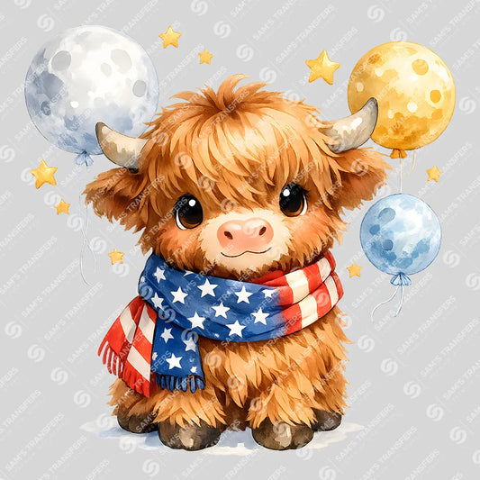Apparel featuring a Patriotic Scarf Highland Cow-themed DTF transfer.