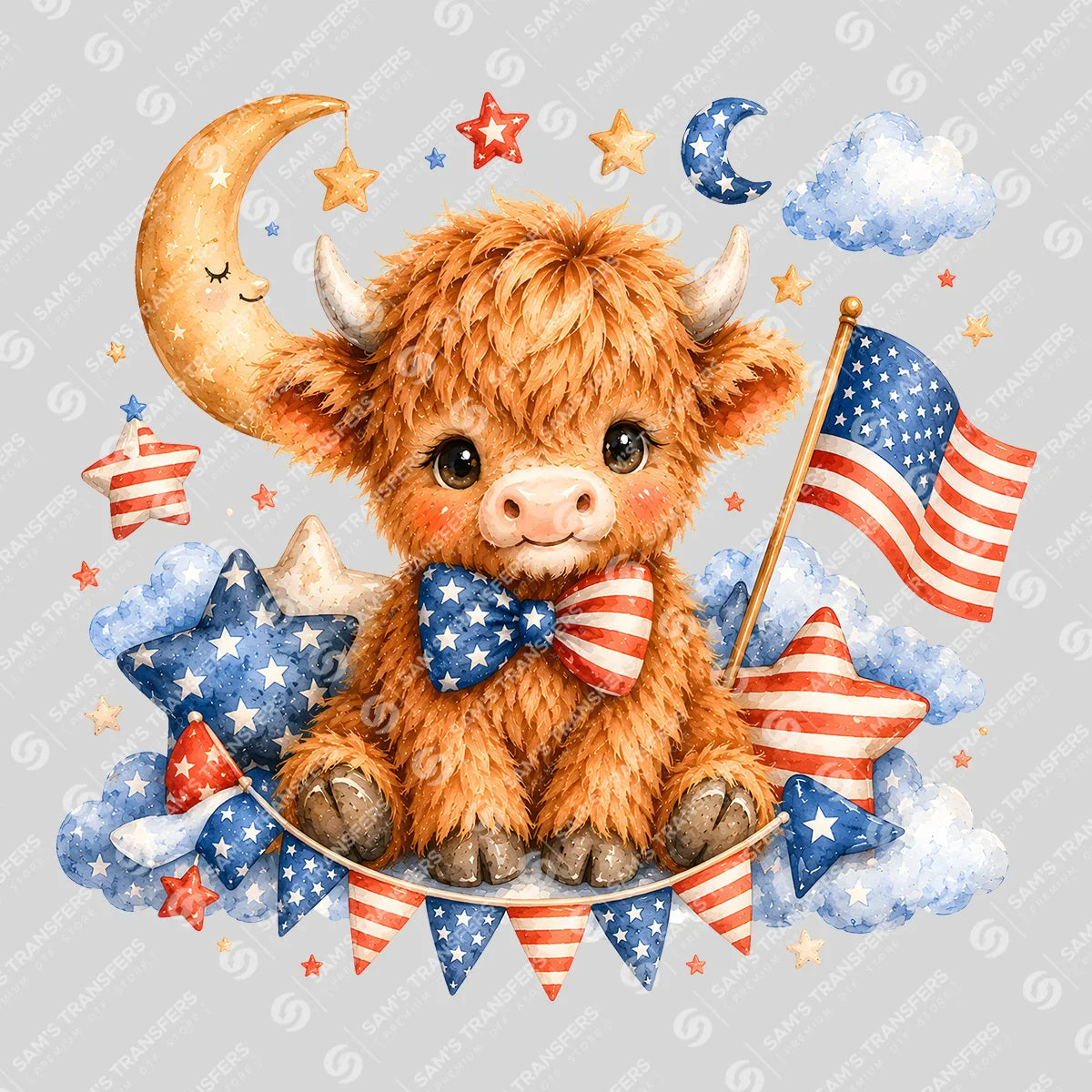 Apparel featuring a Patriotic Highland Cow Moon-themed DTF transfer.