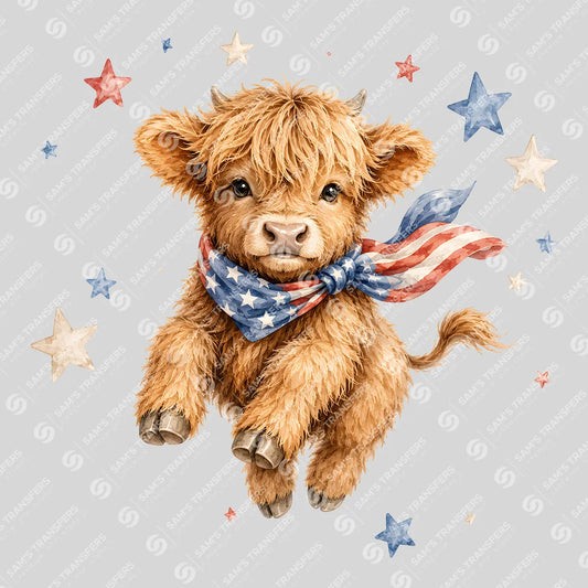 Apparel featuring a Patriotic Bandana Highland Cow-themed DTF transfer.