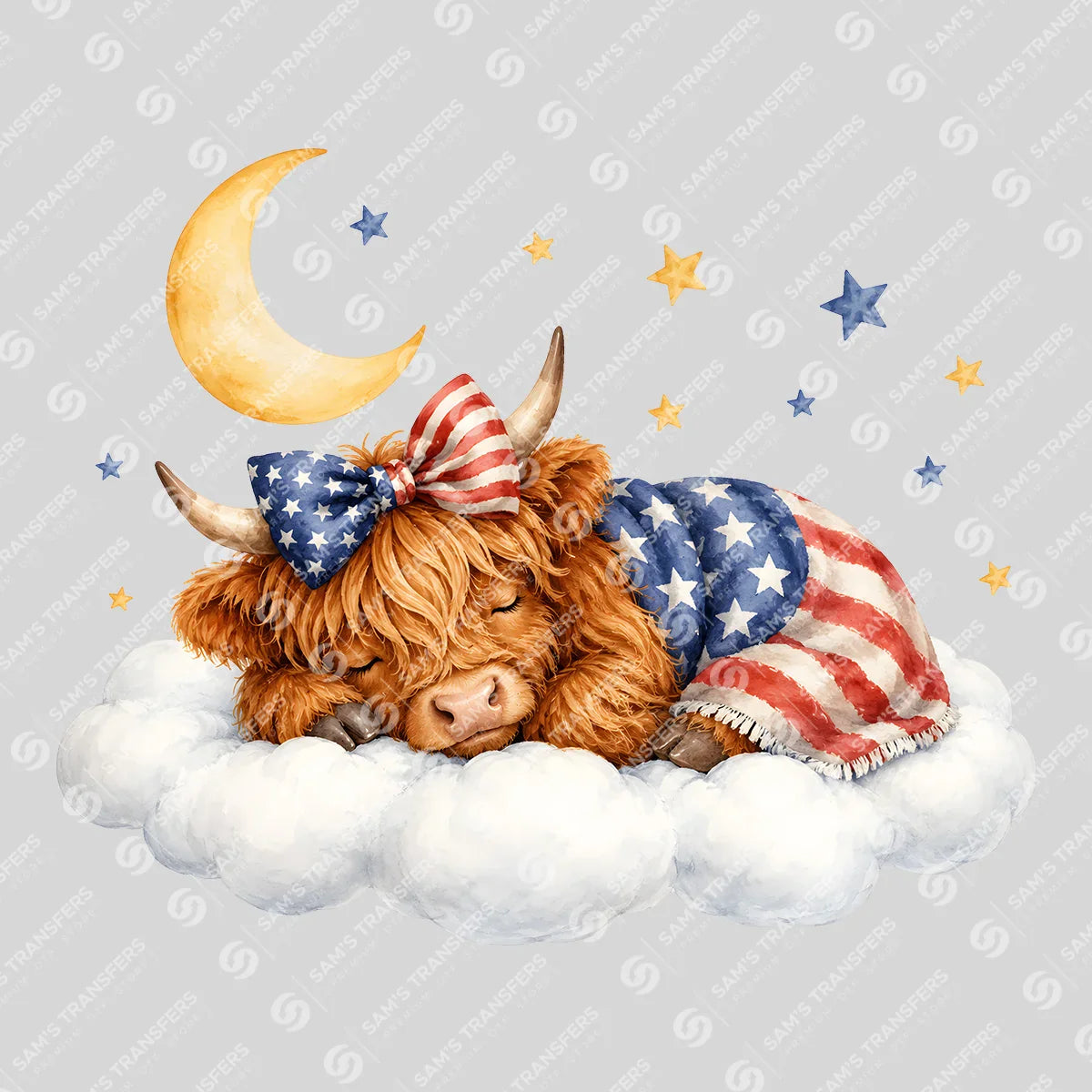 Apparel featuring a Sleepy Patriotic Highland Cow-themed DTF transfer.