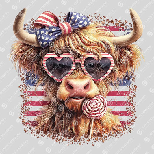 Apparel featuring a Patriotic Lollipop Highland Cow-themed DTF transfer.