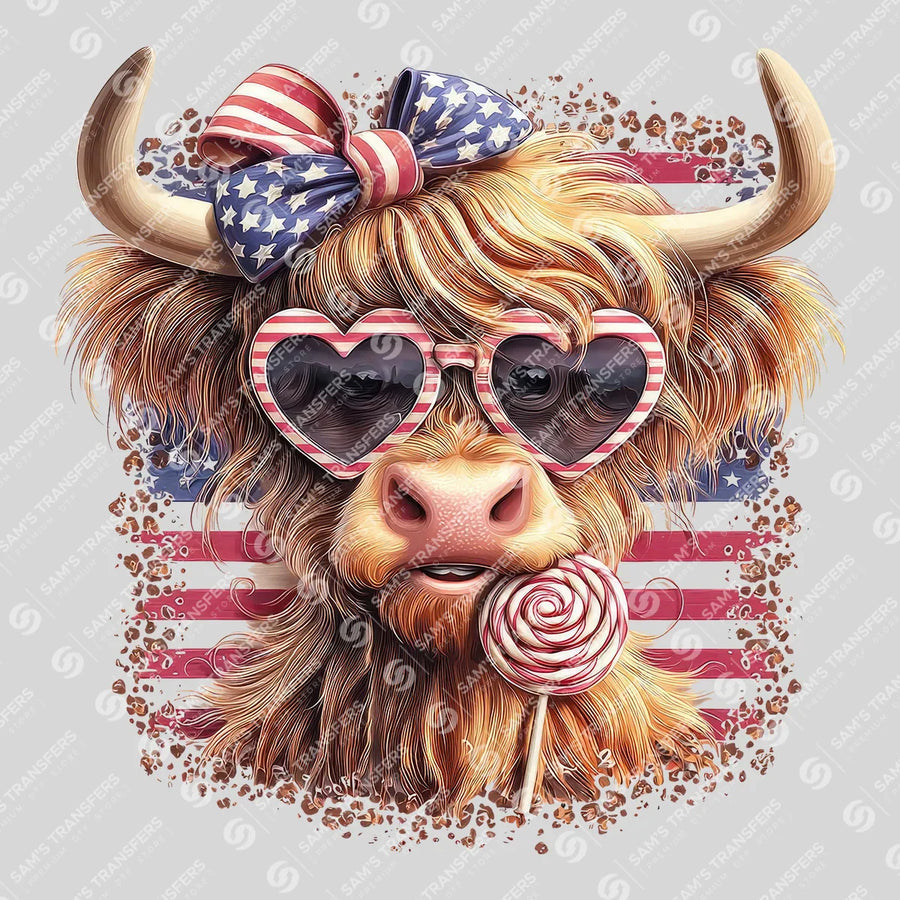 Patriotic Lollipop Highland Cow Ready-to-Press DTF Transfer | SAT08292