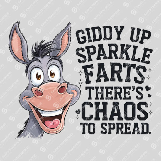 Apparel featuring a Giddy Up Sparkle Farts-themed DTF transfer.