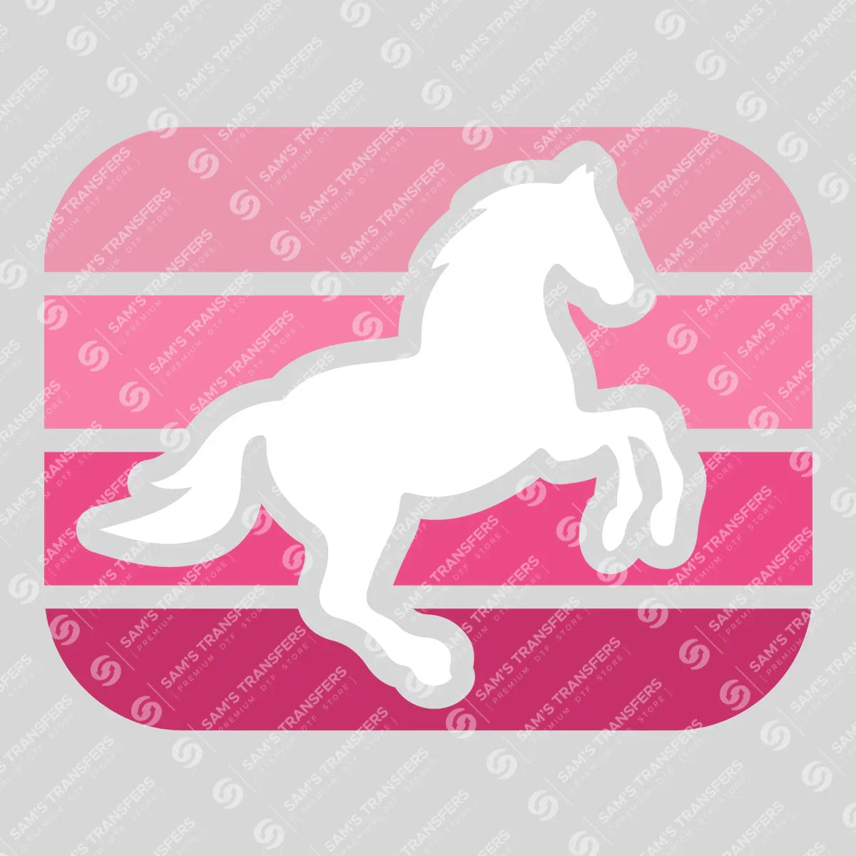 Apparel featuring a Pink Retro Horse Sunset-themed DTF transfer.