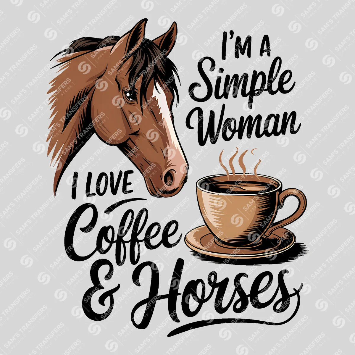 Apparel featuring a Simple Woman Coffee and Horses-themed DTF transfer.
