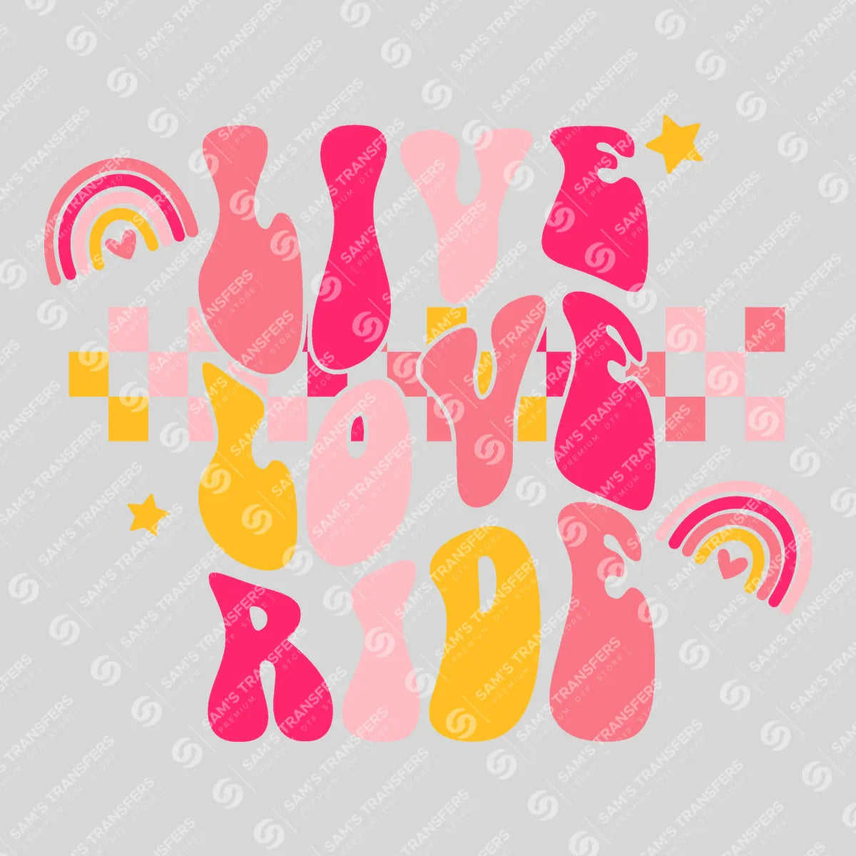Apparel featuring a Live Love Ride-themed DTF transfer.