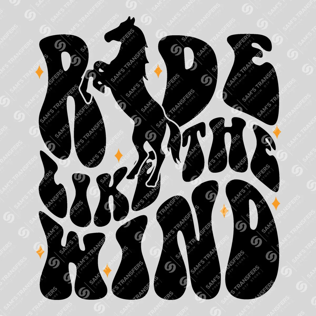 Apparel featuring a Ride Like the Wind-themed DTF transfer.