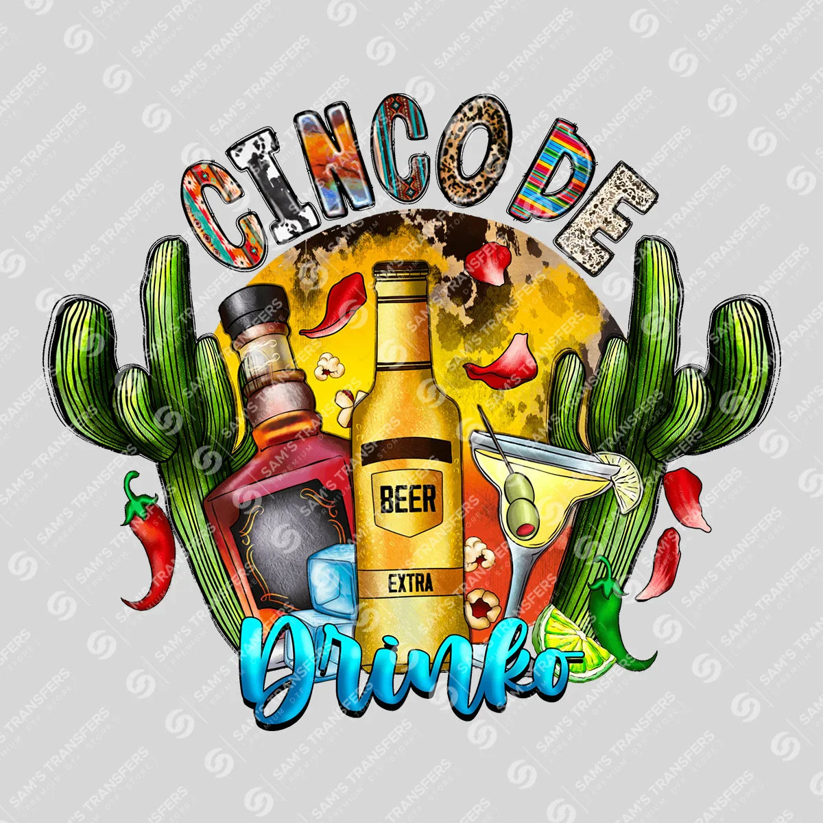 Apparel featuring a Cinco de Drinko-themed DTF transfer.