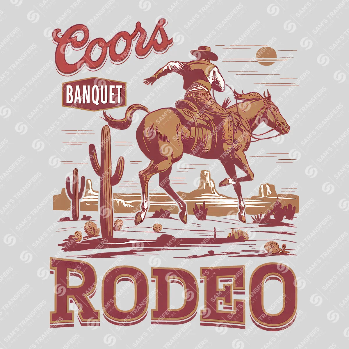 Apparel featuring a Coors Banquet Rodeo-themed DTF transfer.