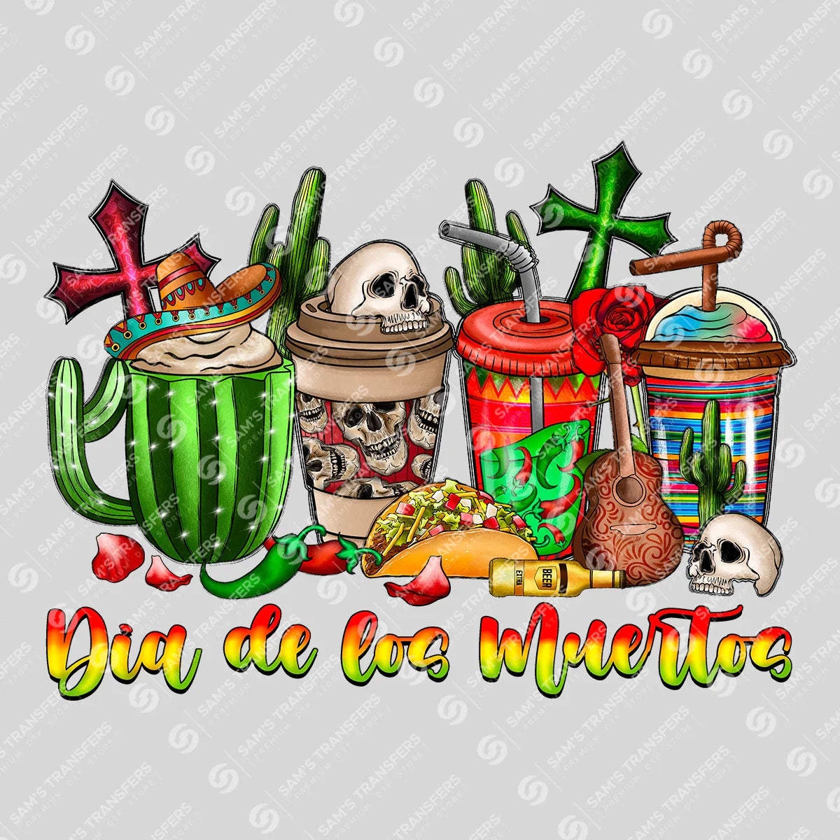 Apparel featuring a Dia de los Muertos-themed DTF transfer.