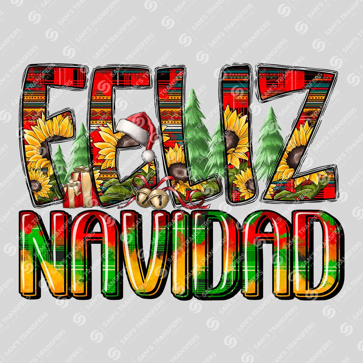 Apparel featuring a Feliz Navidad-themed DTF transfer.