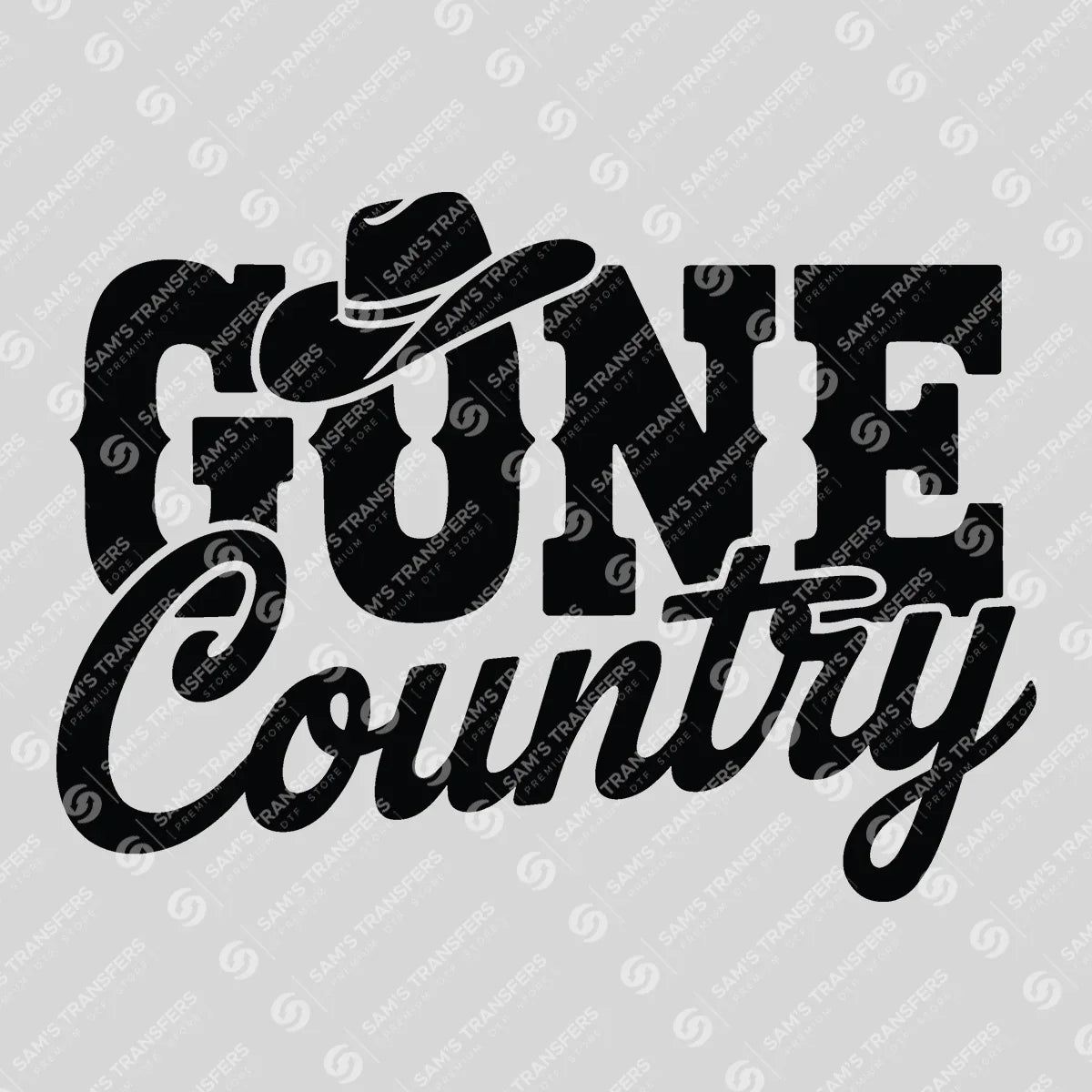 Apparel featuring a Gone Country-themed DTF transfer.