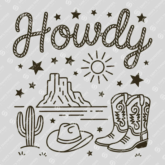 Apparel featuring a Howdy-themed DTF transfer.