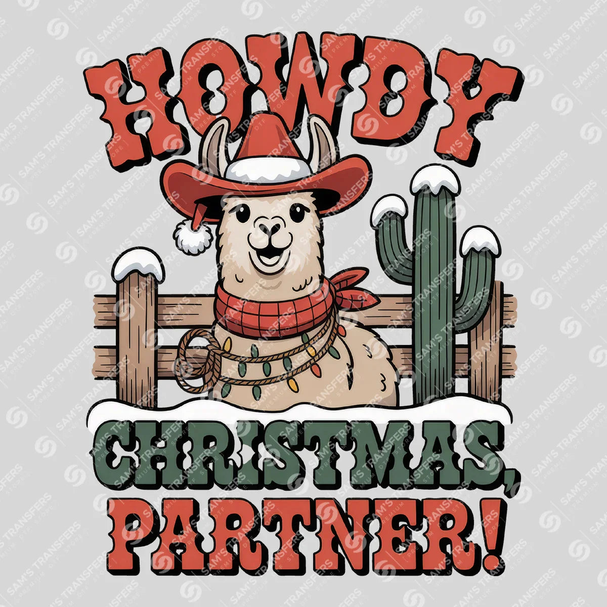 Apparel featuring a Howdy Christmas Partner-themed DTF transfer.