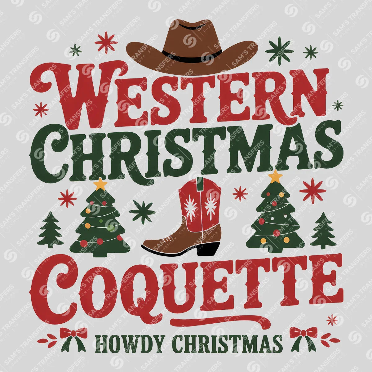 Apparel featuring a Western Christmas Coquette-themed DTF transfer.