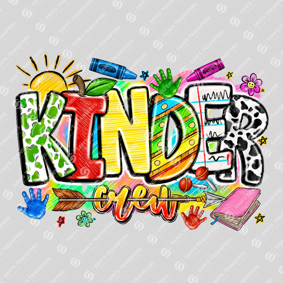 Apparel featuring a Kinder Crew-themed DTF transfer.