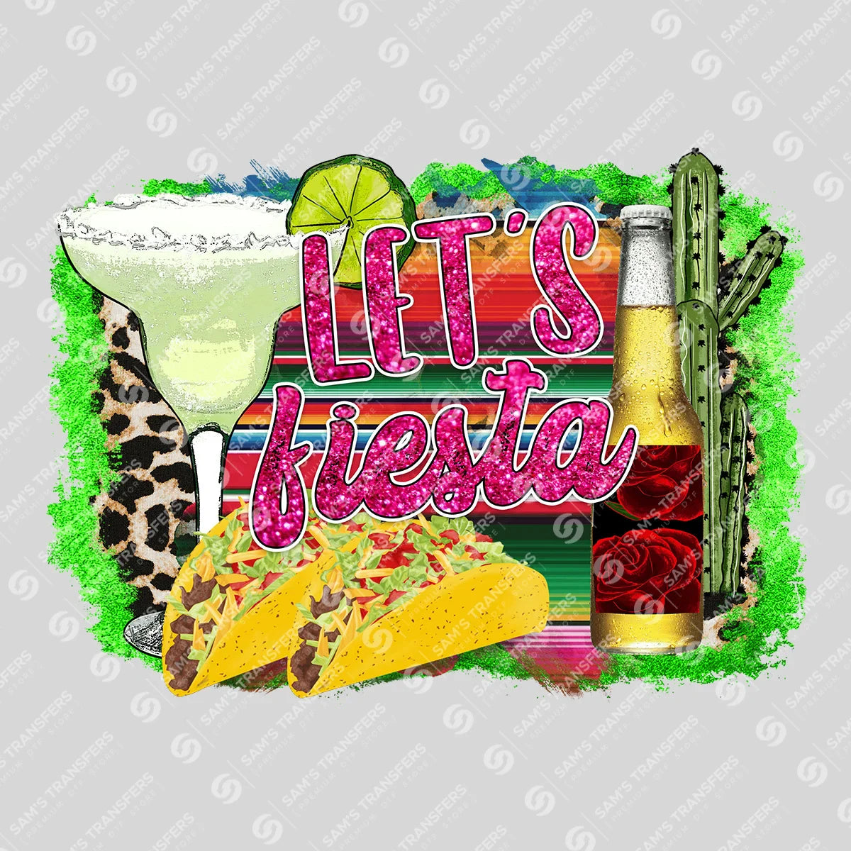 Apparel featuring a Let's Fiesta-themed DTF transfer.
