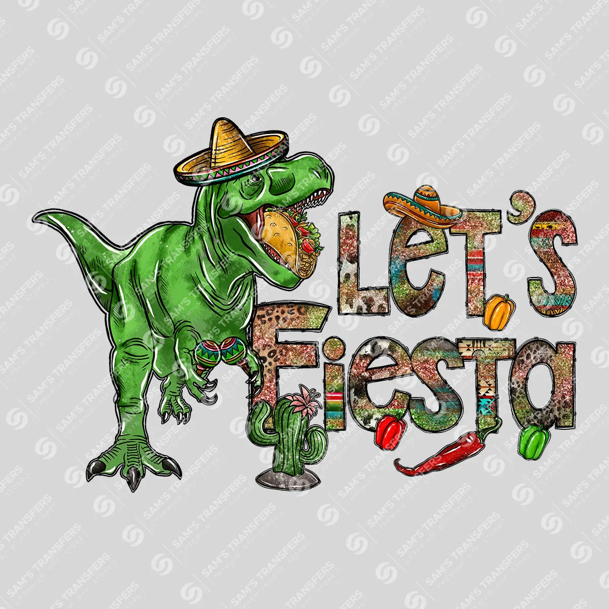 Apparel featuring a Let's Fiesta-themed DTF transfer.