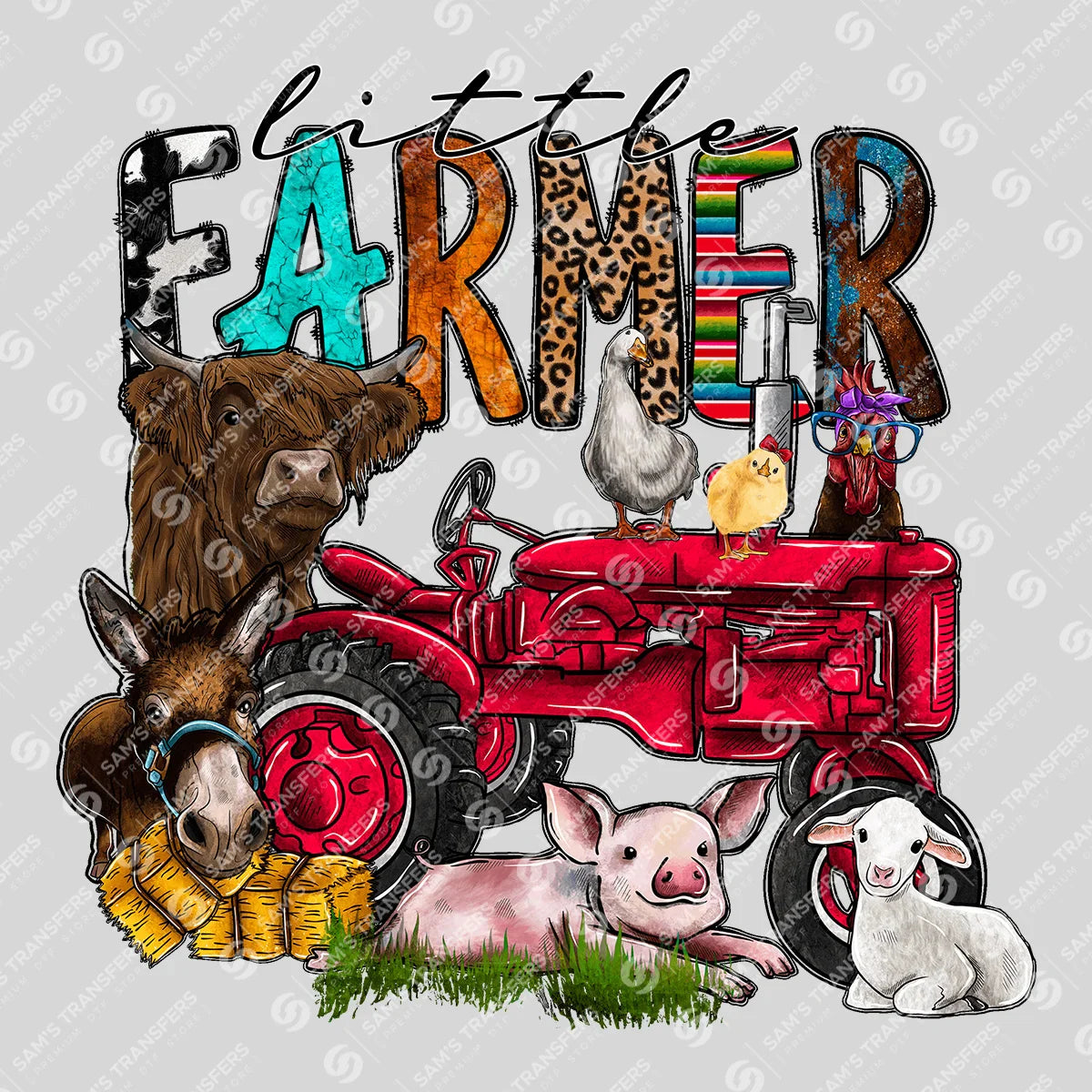 Apparel featuring a Little Farmer-themed DTF transfer.