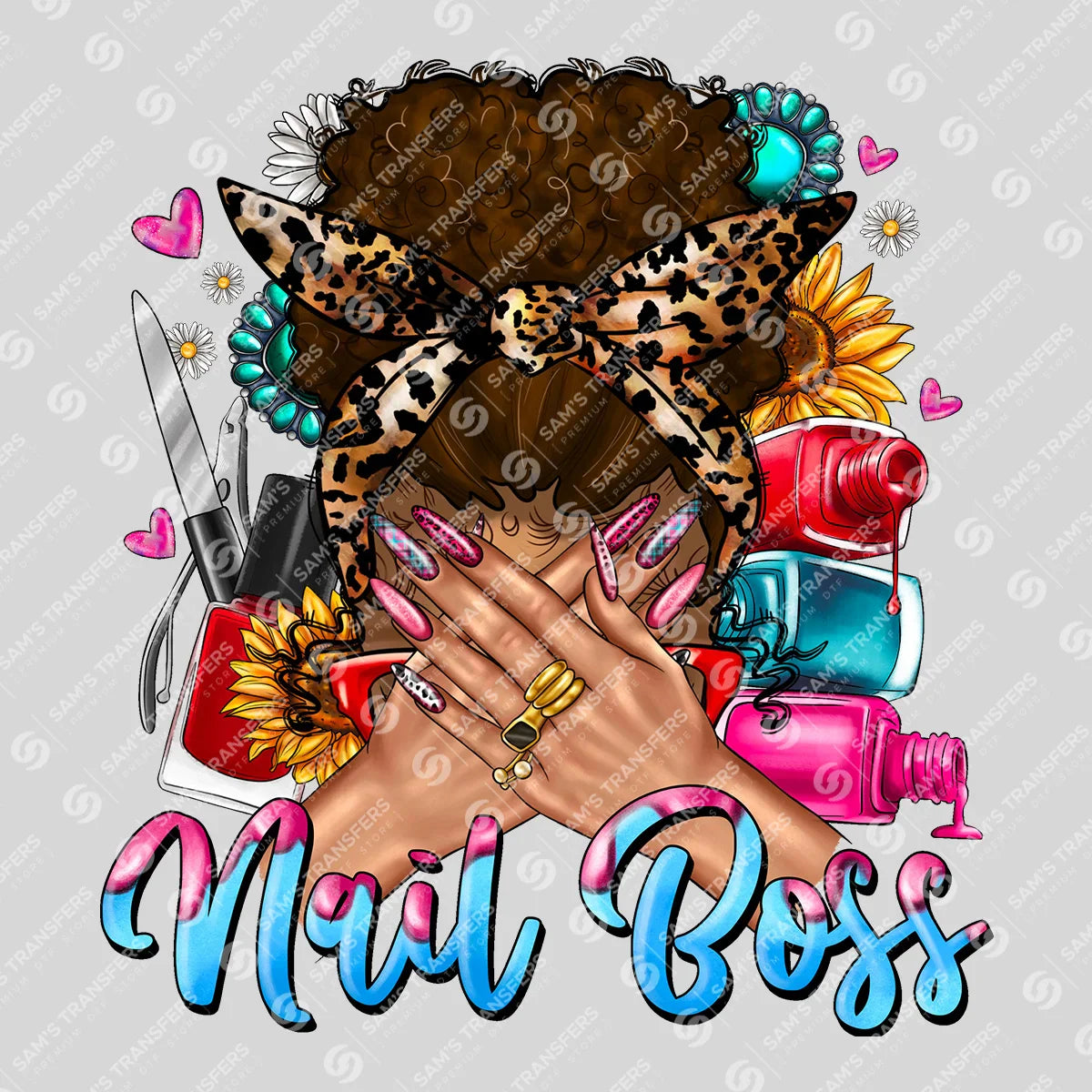 Apparel featuring a Nail Boss-themed DTF transfer.