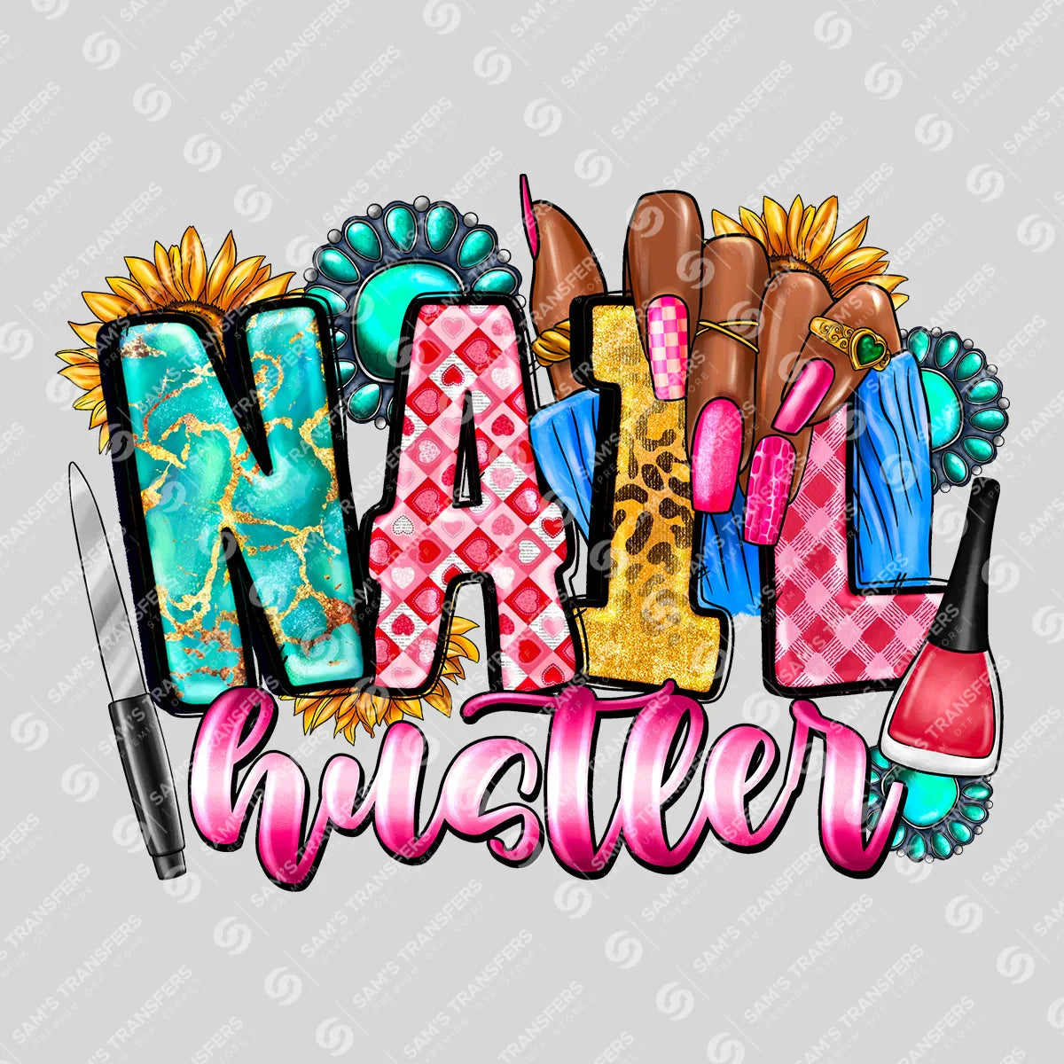 Apparel featuring a Nail Hustler-themed DTF transfer.