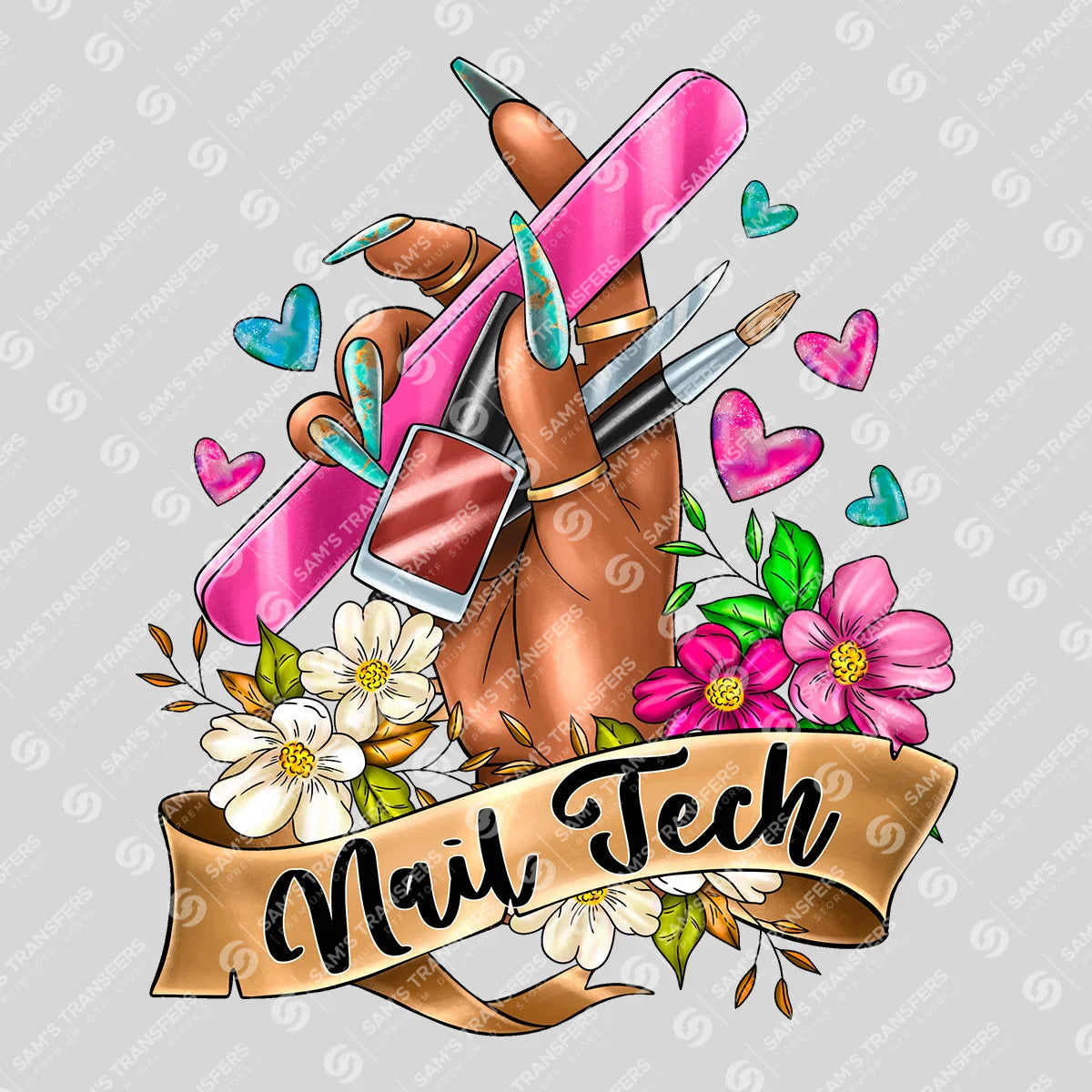 Apparel featuring a Nail Tech-themed DTF transfer.
