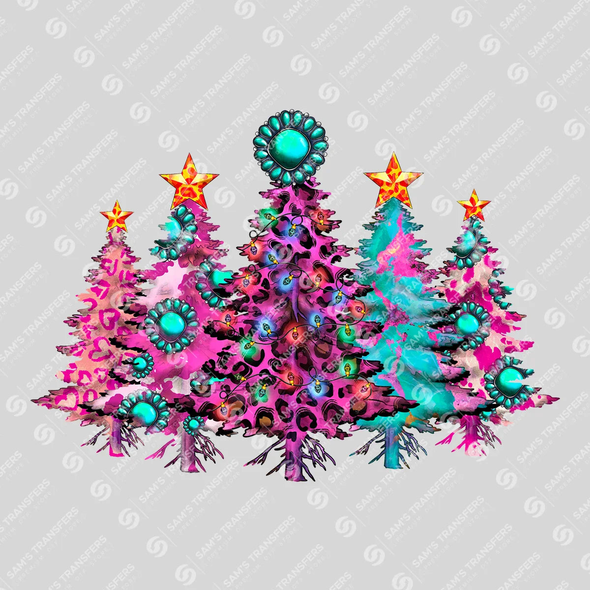 Apparel featuring a Western Christmas Trees-themed DTF transfer.