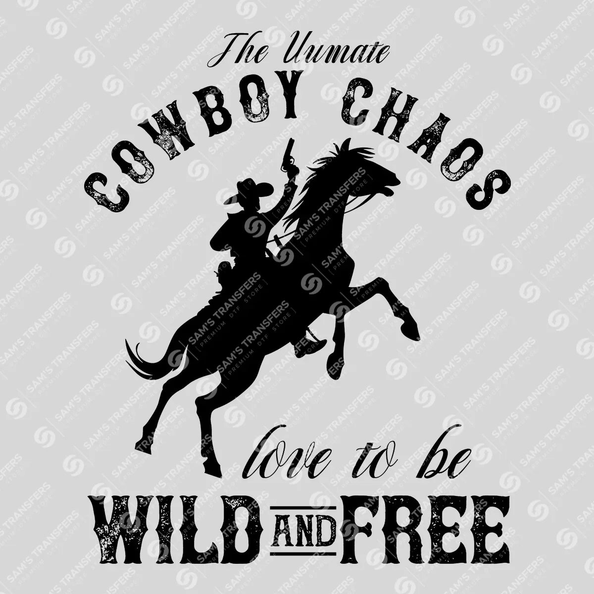 Apparel featuring a Cowboy Chaos Wild and Free-themed DTF transfer.