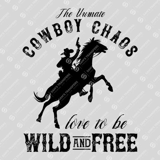 Apparel featuring a Cowboy Chaos Wild and Free-themed DTF transfer.