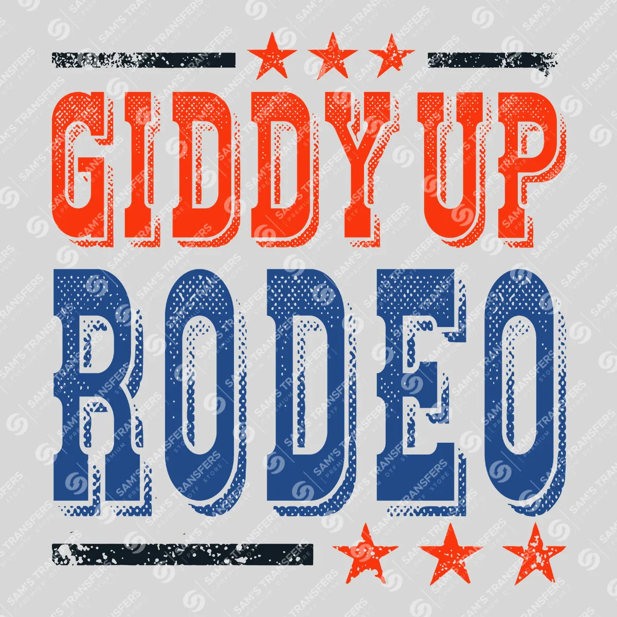 Apparel featuring a Giddy Up Rodeo-themed DTF transfer.