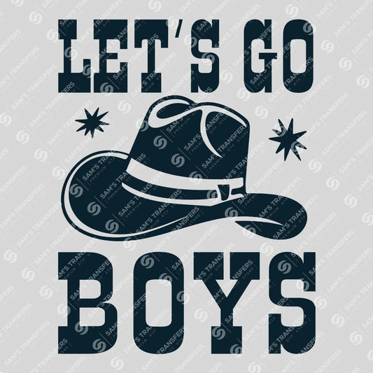 Apparel featuring a Let's Go Boys-themed DTF transfer.
