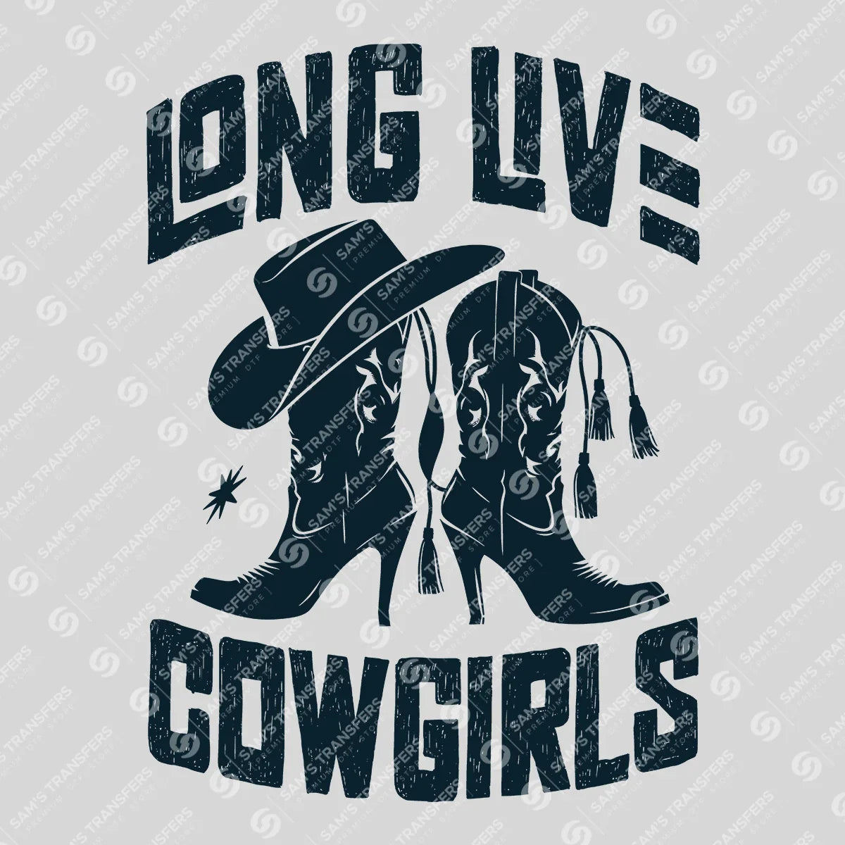 Apparel featuring a Long Live Cowgirls-themed DTF transfer.