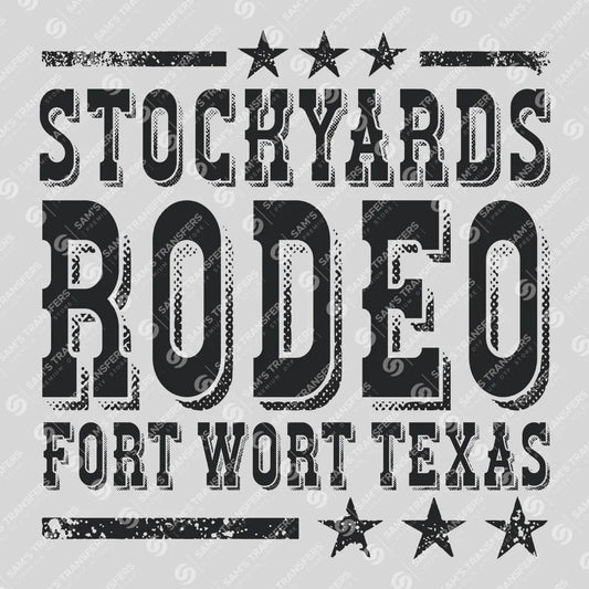 Apparel featuring a Stockyards Rodeo Fort Worth Texas-themed DTF transfer.