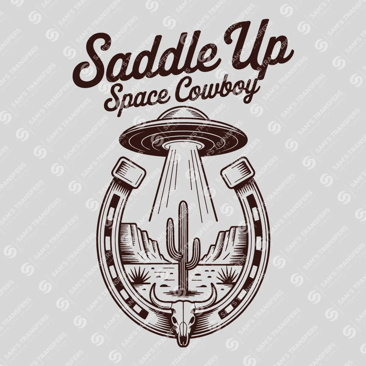 Apparel featuring a Saddle Up Space Cowboy-themed DTF transfer.