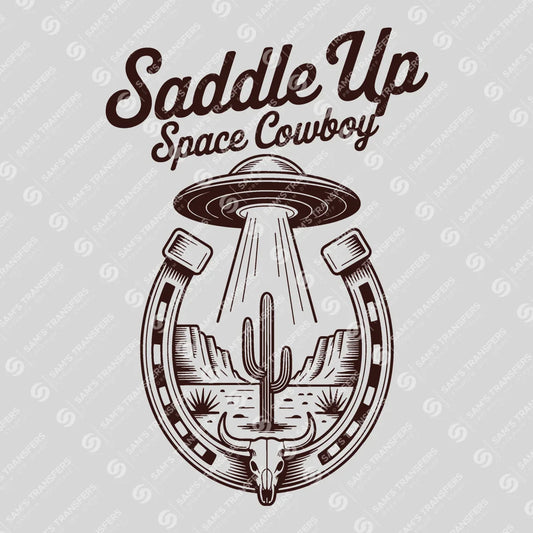 Apparel featuring a Saddle Up Space Cowboy-themed DTF transfer.