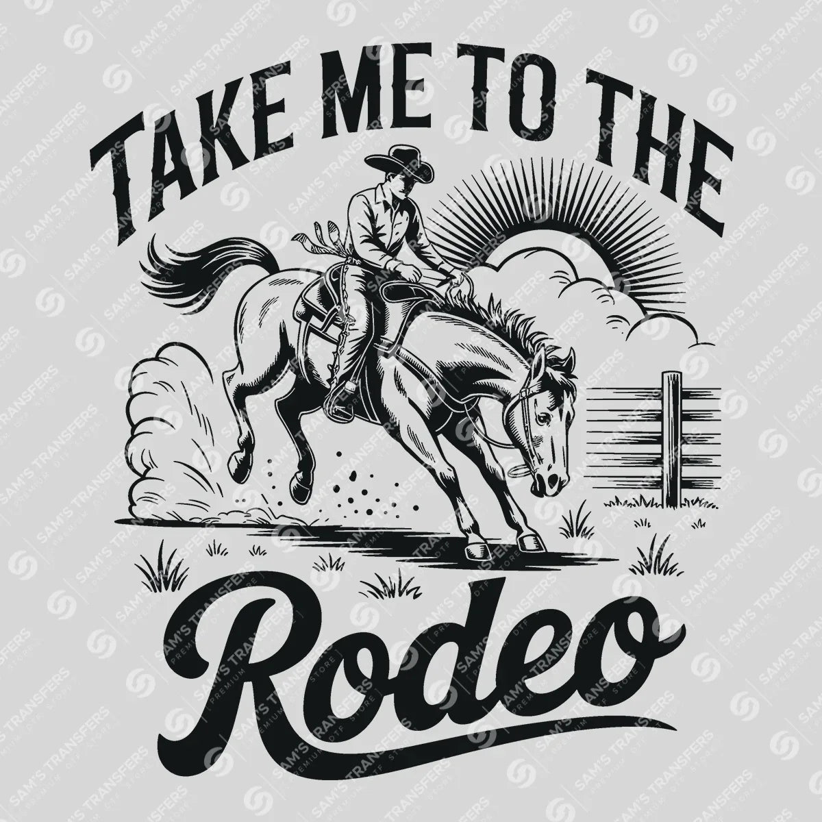 Apparel featuring a Take Me to the Rodeo-themed DTF transfer.