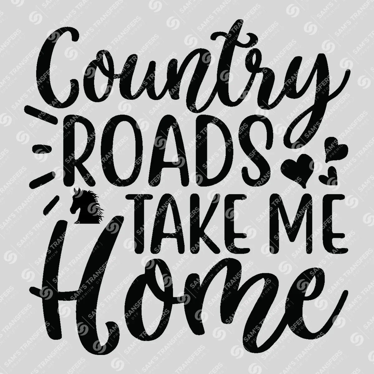 Apparel featuring a Country Roads Take Me Home-themed DTF transfer.