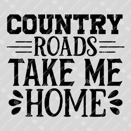 Apparel featuring a Country Roads Take Me Home-themed DTF transfer.