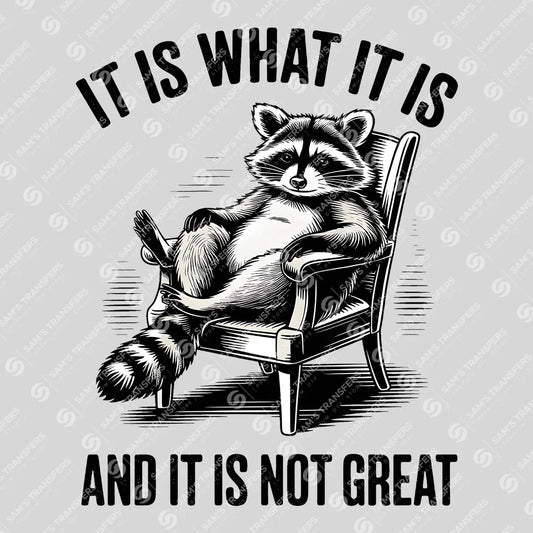 Apparel featuring a It Is What It Is and It Is Not Great-themed DTF transfer.