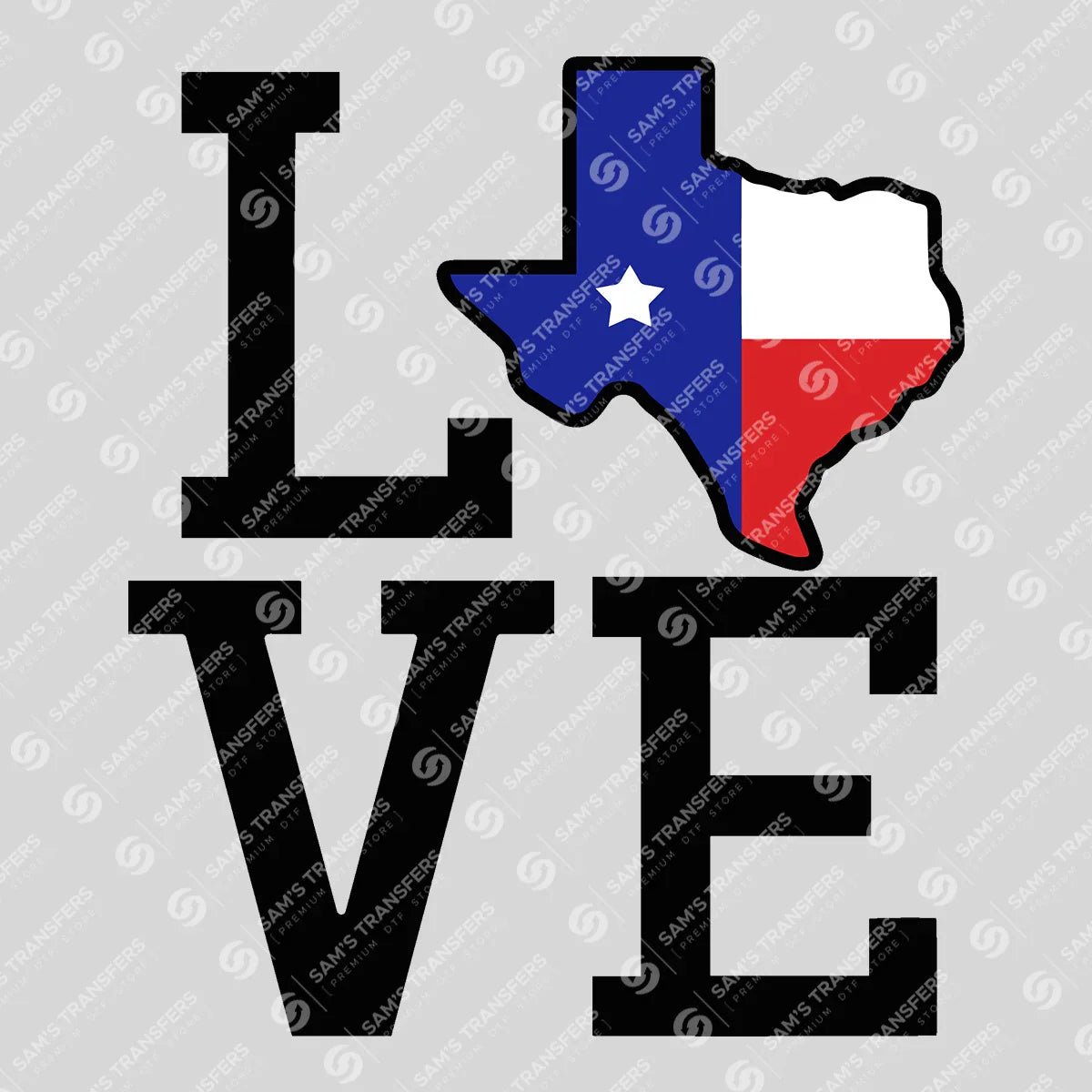 Apparel featuring a Love Texas-themed DTF transfer.