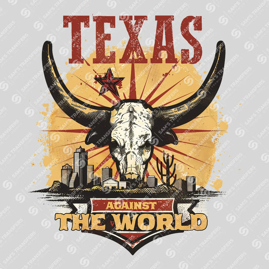 Apparel featuring a Texas Against the World-themed DTF transfer.