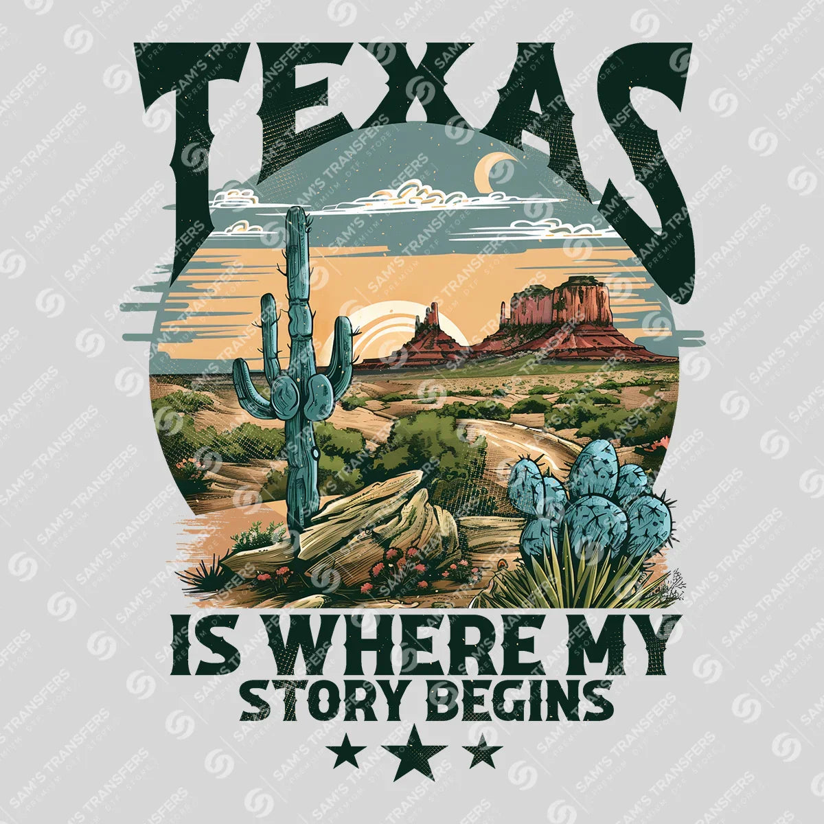 Apparel featuring a Texas Is Where My Story Begins-themed DTF transfer.