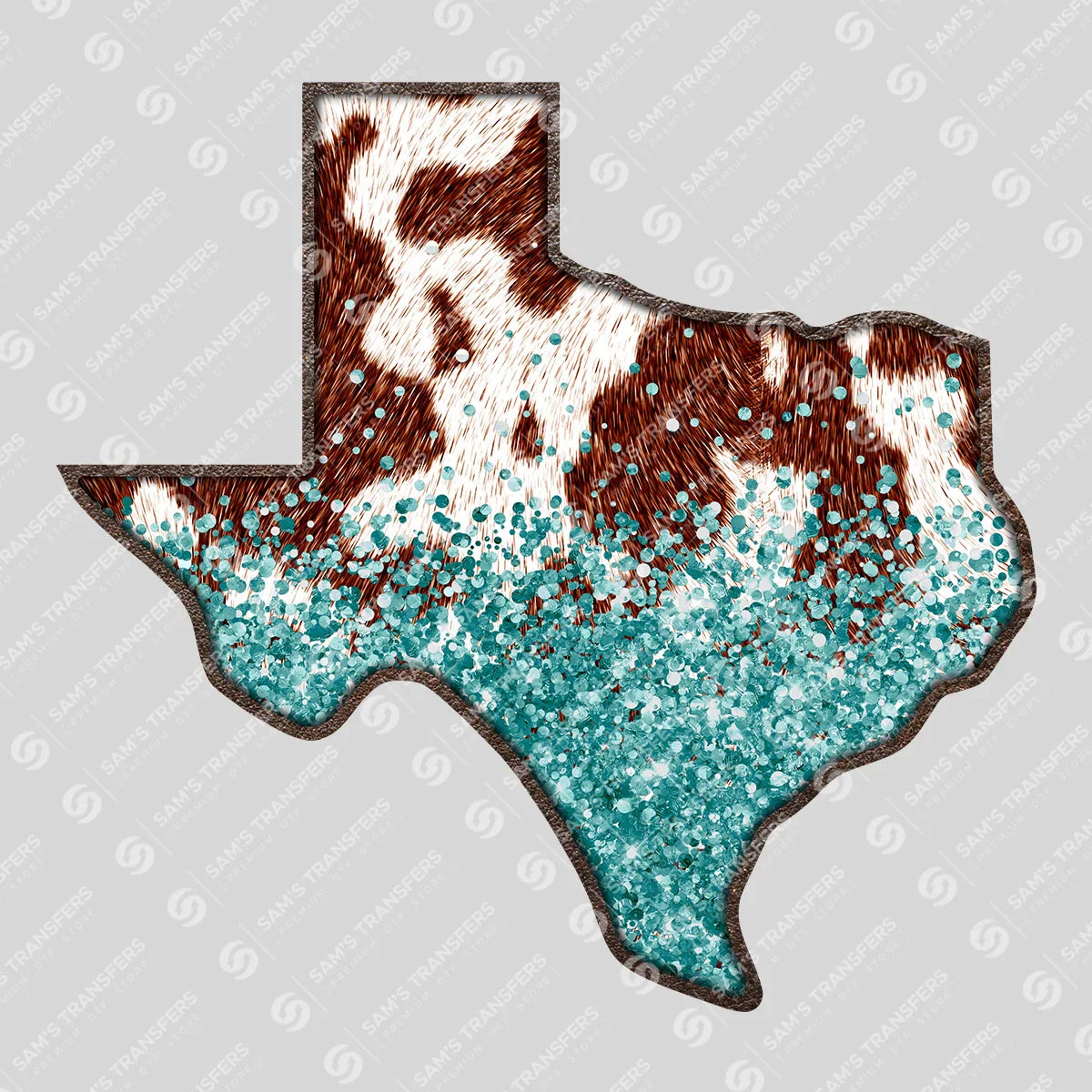 Apparel featuring a Texas Cowhide Glitter-themed DTF transfer.